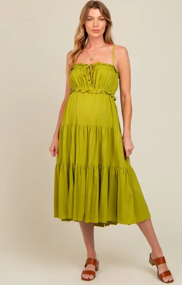 Lime Front Tie Cutout Tiered Maternity Midi Dress