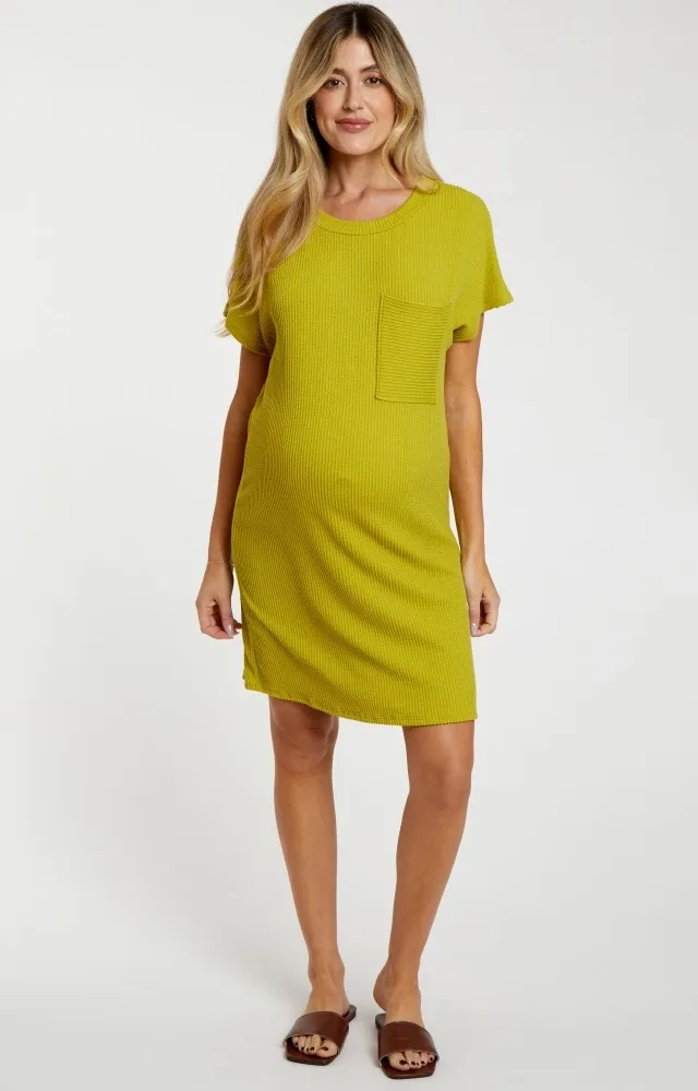 Lime Ribbed Front Pocket Short Sleeve Maternity Dress