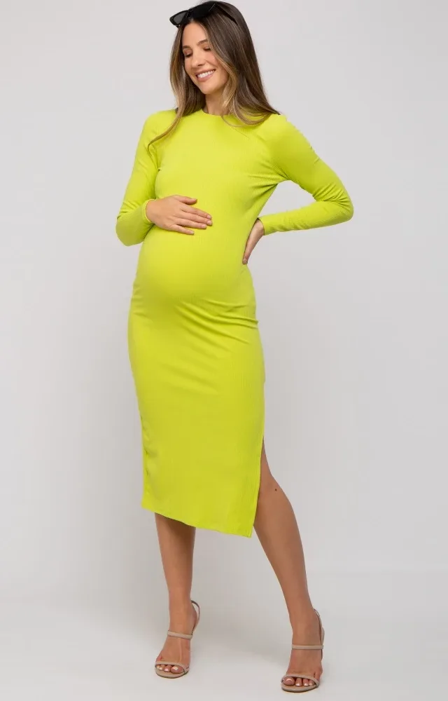 Lime Ribbed Mock Neck Long Sleeve Maternity Midi Dress