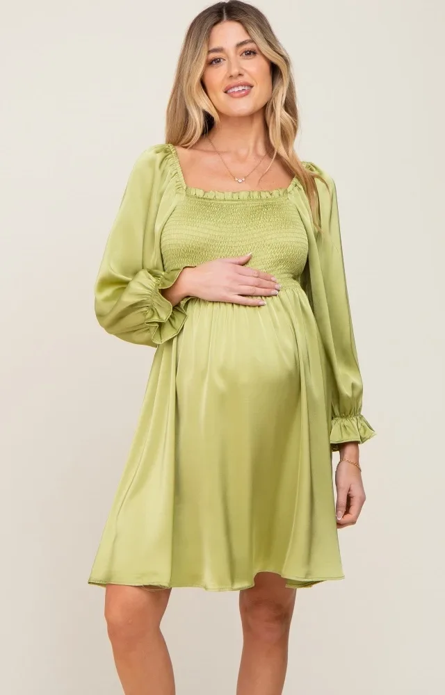 Lime Satin Smocked Square Neck Maternity Dress