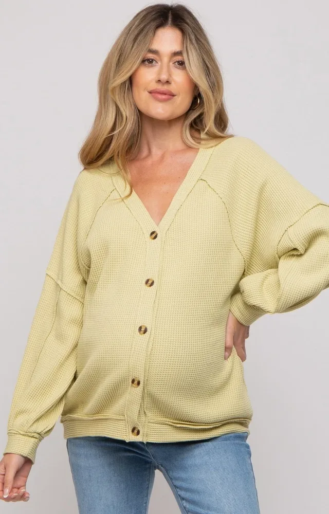 Lime Waffle Knit Button Long Sleeve Maternity Top