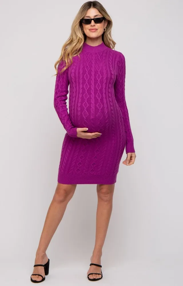 Magenta Cable Knit Mock Neck Long Sleeve Maternity Sweater Dress