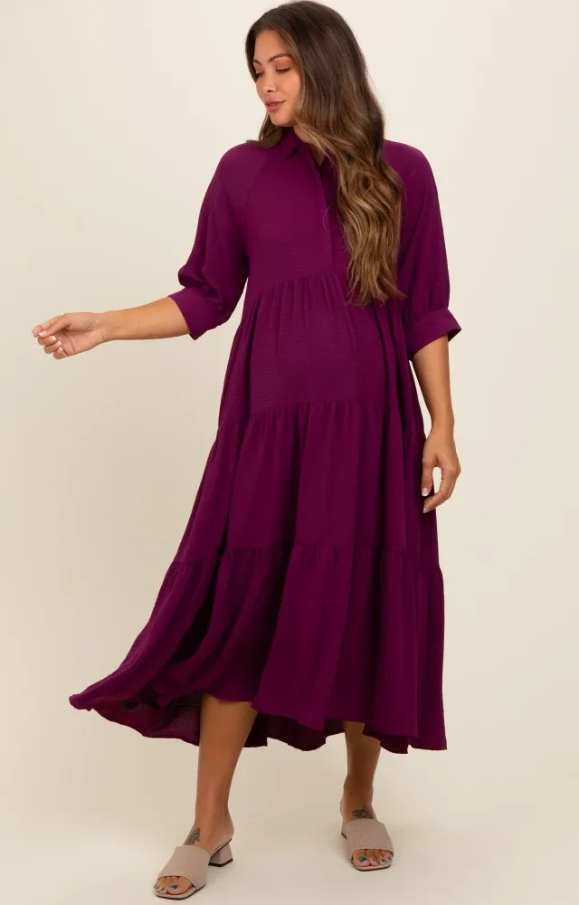 Magenta Collared Button Up Tiered Maternity Midi Dress