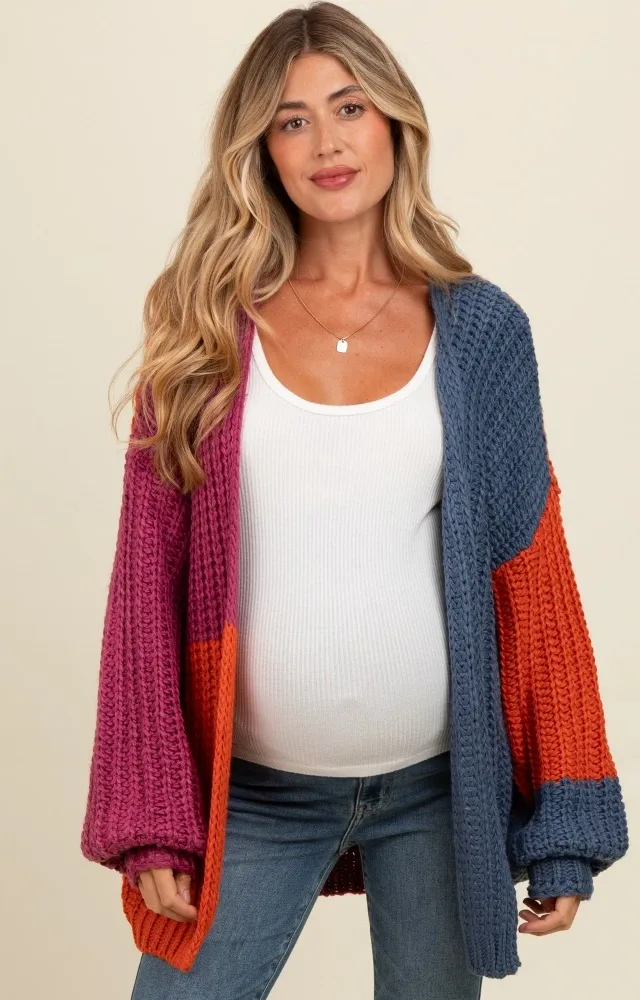 Magenta Colorblock Bubble Sleeve Maternity Cardigan