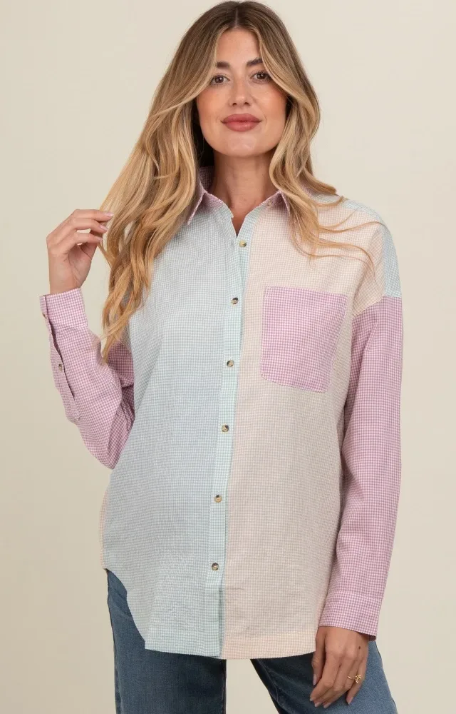 Magenta Colorblock Gingham Maternity Button Down Top