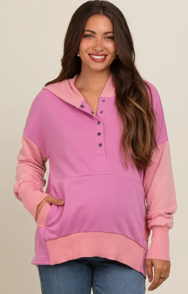 Magenta Colorblock Relaxed Fit Maternity Hoodie