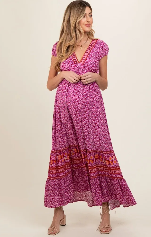 Magenta Floral Border Print Ruffle Maternity Maxi Dress