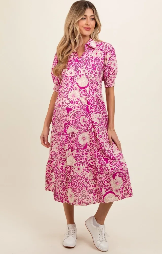 Magenta Floral Collared Tiered Maternity Midi Dress