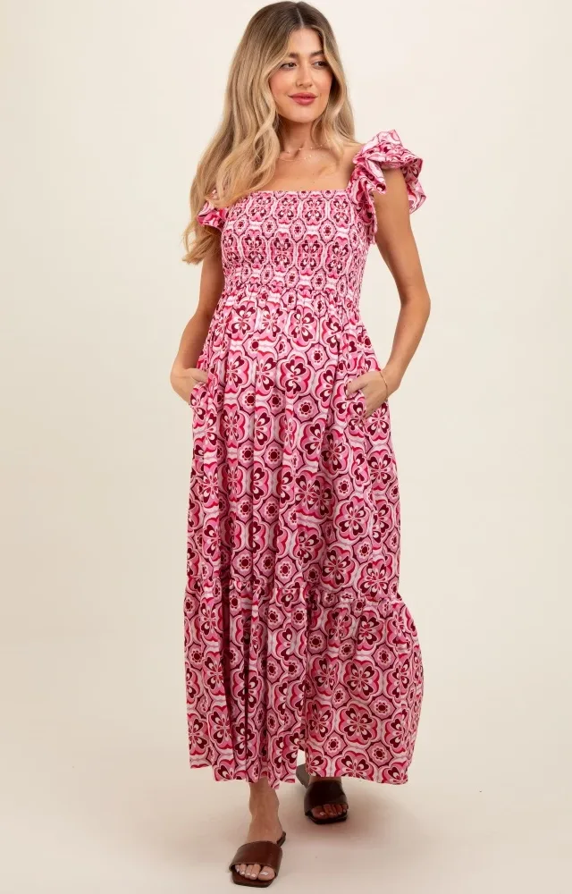 Magenta Floral Flutter Cap Sleeve Maternity Dress