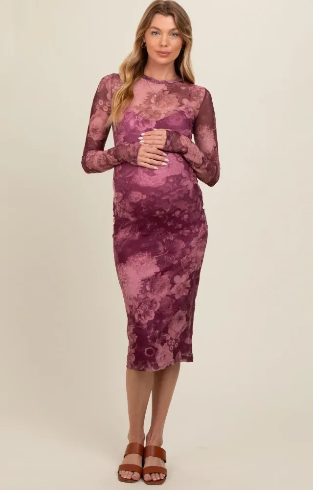 Magenta Floral Mesh Midi Maternity Dress