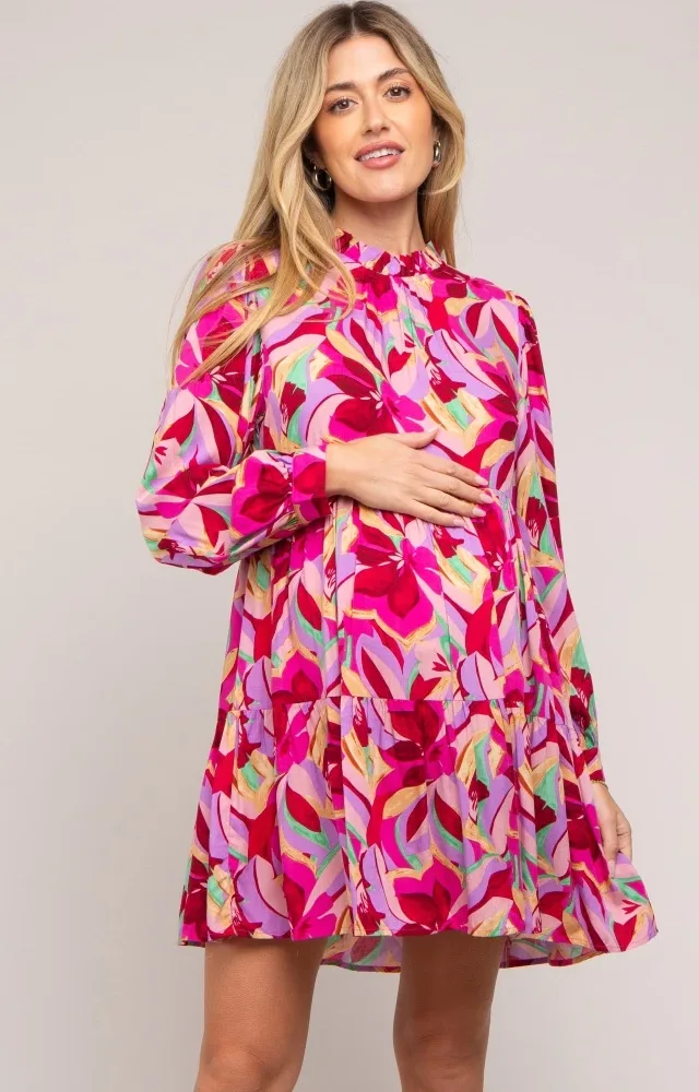 Magenta Floral Ruffle Mock Neck Maternity Dress