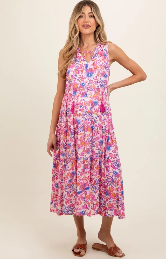 Magenta Floral Ruffle Mock Neck Tiered Sleeveless Maternity Midi Dress