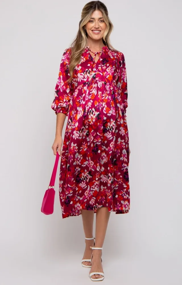 Magenta Floral Satin Ruffle Neck Maternity Midi Dress