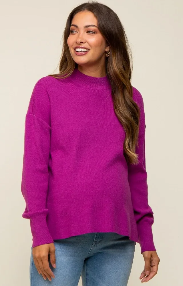 Magenta Knit Mock Neck Maternity Long Sleeve Top