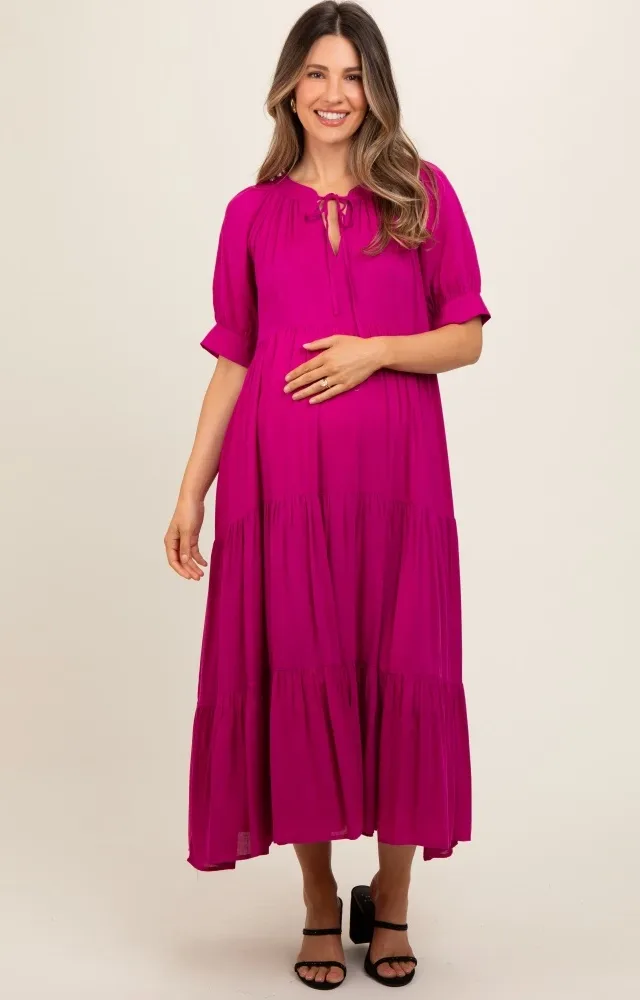 Magenta Lightweight Flowy Tiered Maternity Maxi Dress