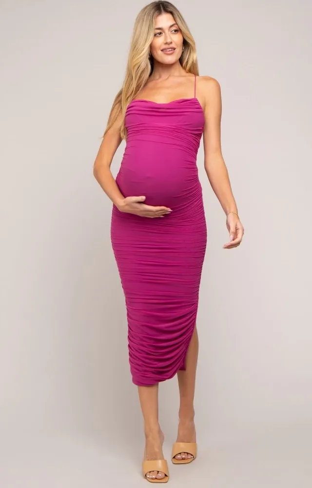 Magenta Mesh Ruched Maternity Side Slit Midi Dress