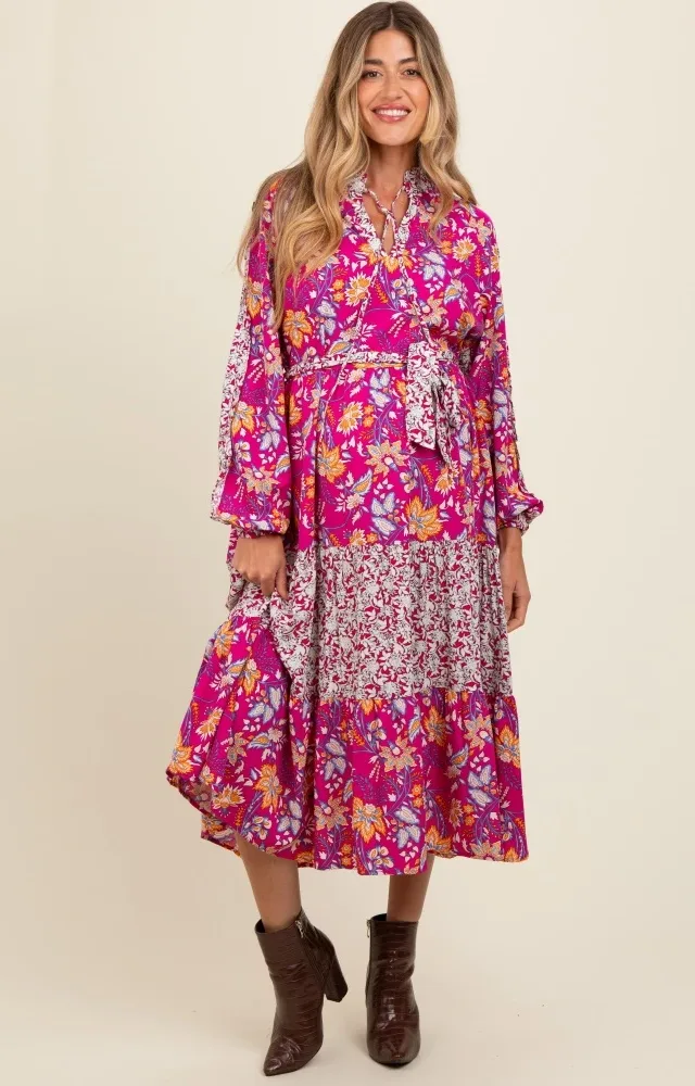 Magenta Mixed Floral Front Tie Maternity Midi Dress