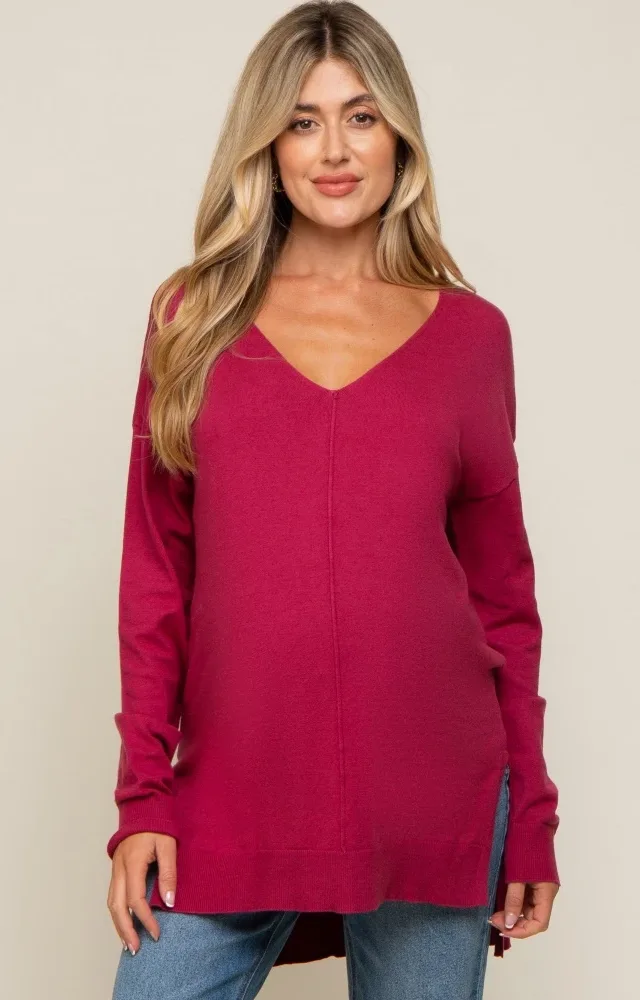 Magenta Oversized Knit Side Slit Maternity Top