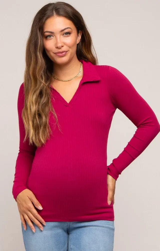 Magenta Ribbed Collared Long Sleeve Maternity Top