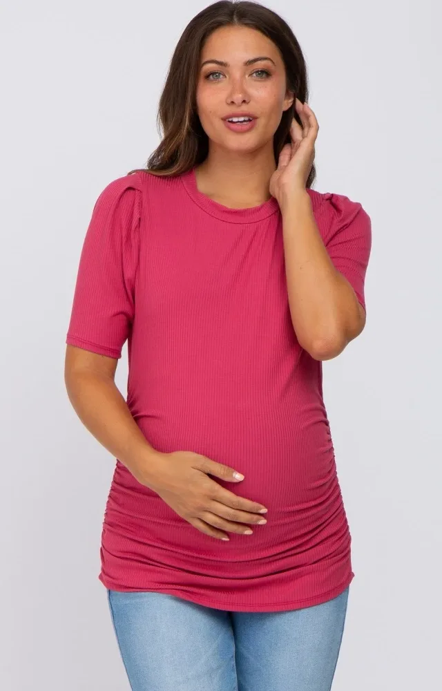 Magenta Ribbed Ruched Fitted Maternity Top