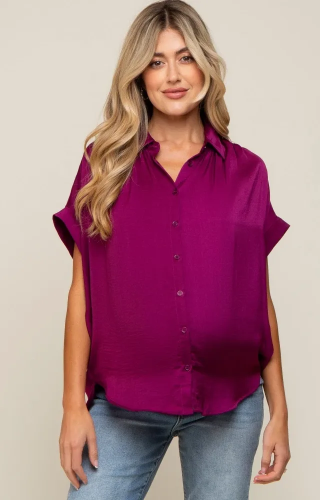 Magenta Satin Button Front Collared Short Sleeve Maternity Top