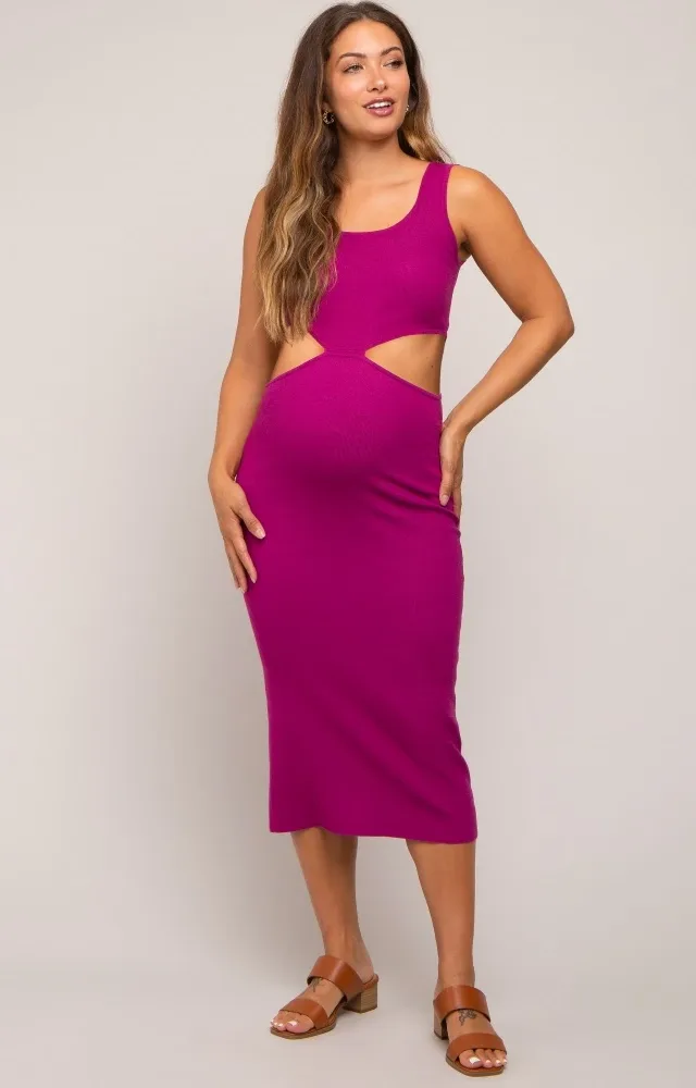 Magenta Sleeveless Side Cutout Maternity Midi Dress