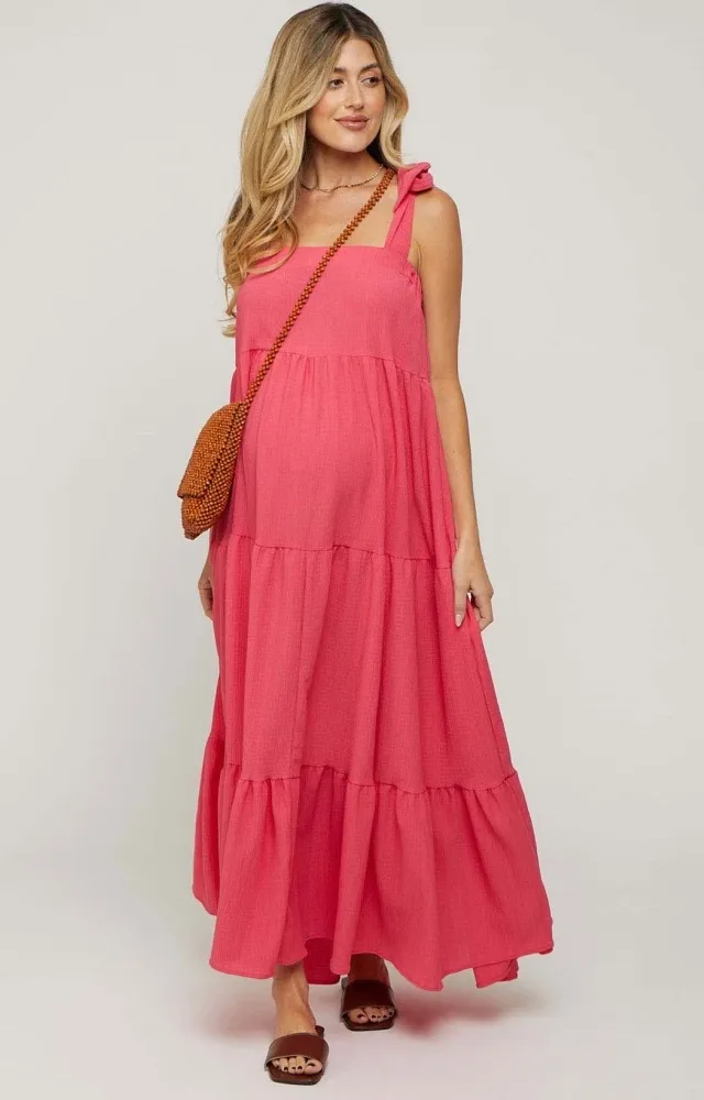 Magenta Sleeveless Tiered Maternity Maxi Dress