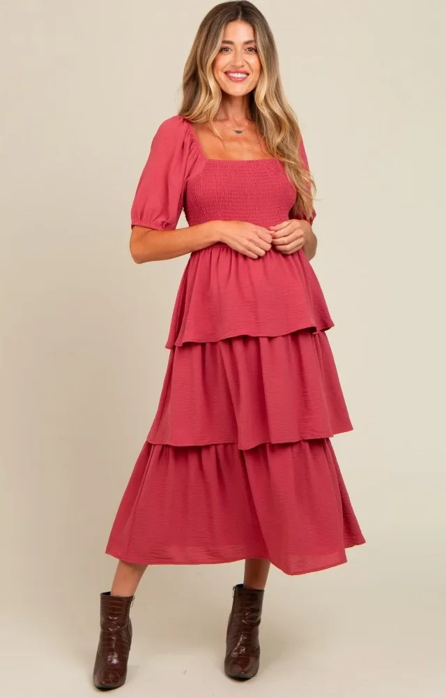 Magenta Smocked Body Ruffled Tiered Maternity Midi Dress