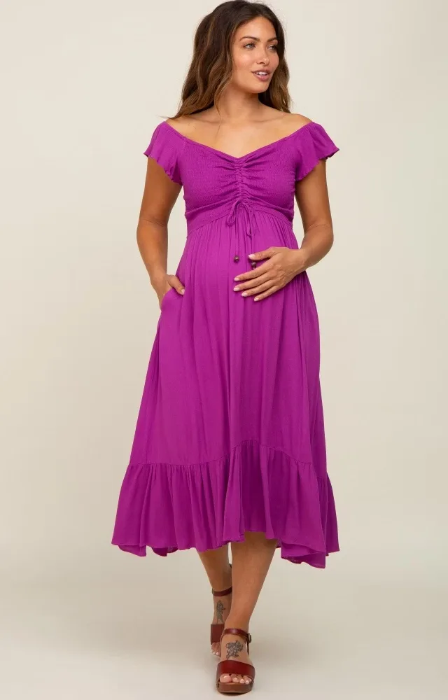 Magenta Smocked Ruched Ruffle Hem Maternity Maxi Dress