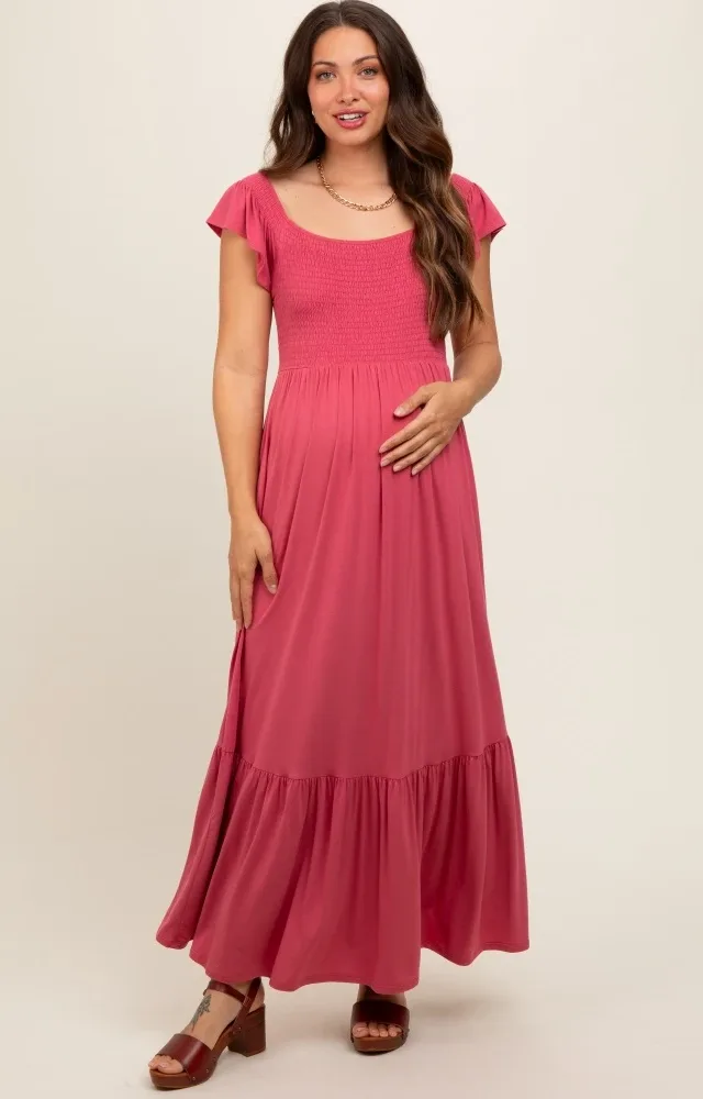 Magenta Smocked Ruffle Hem Maternity Maxi Dress