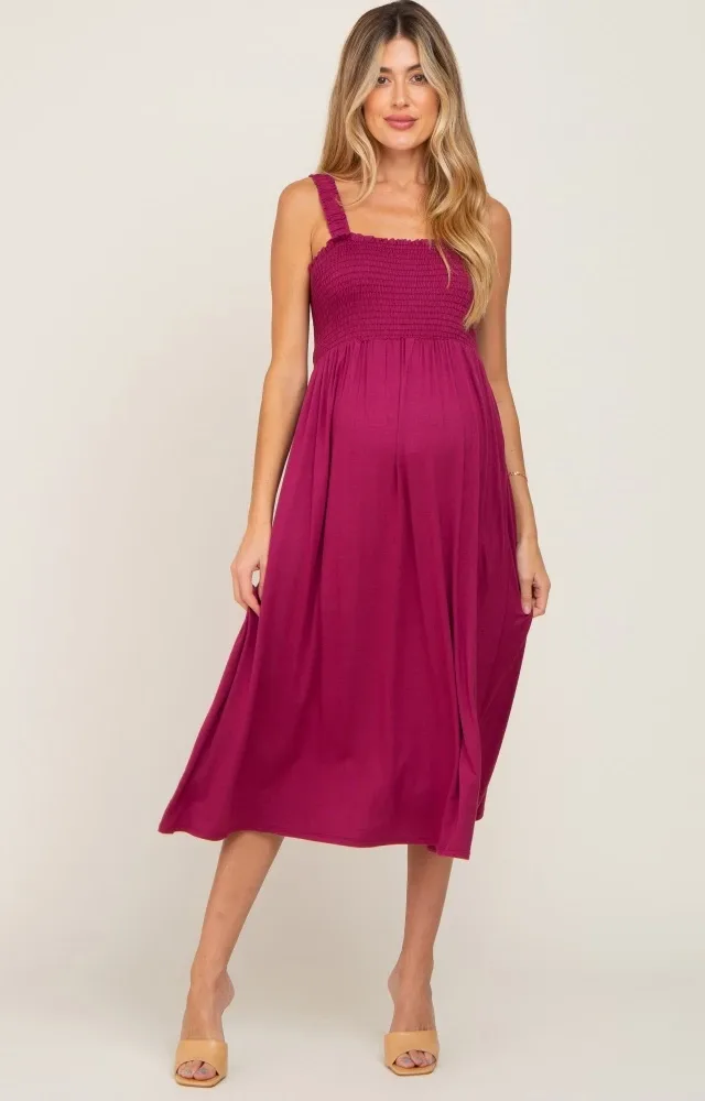 Magenta Smocked Ruffle Strap Maternity Midi Dress