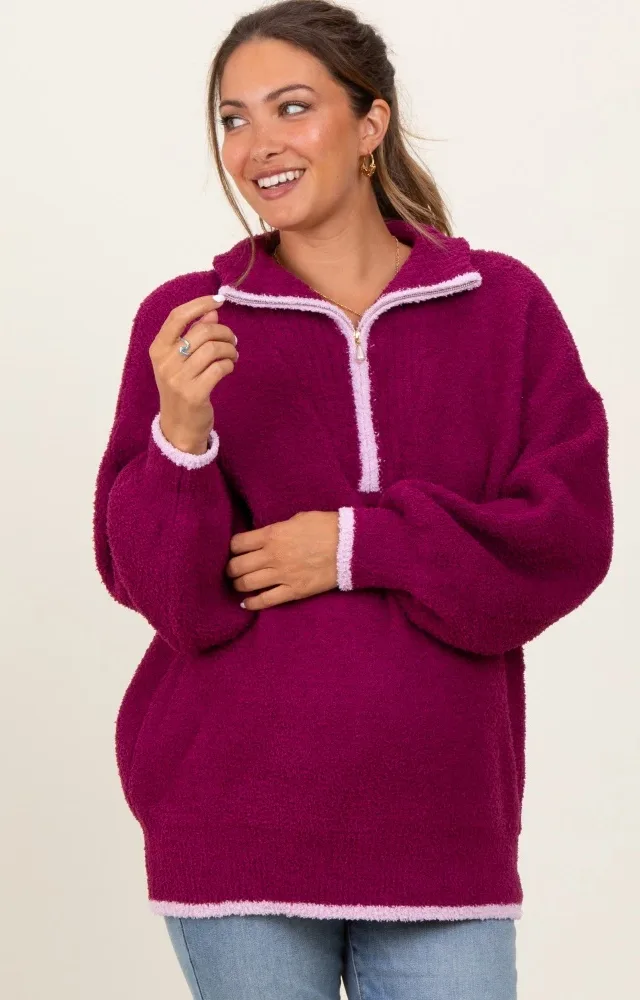 Magenta Soft Fuzzy Knit Quarter Zip Maternity Pullover Sweater