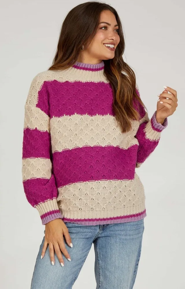 Magenta Striped Mock Neck Maternity Sweater