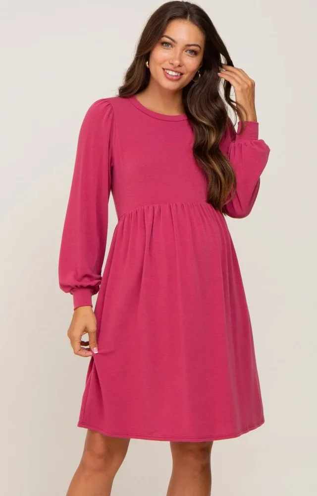 Magenta Terry Knit Long Sleeve Maternity Dress