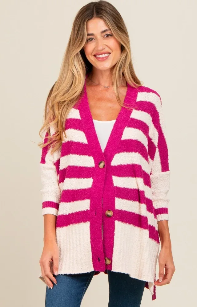 Magenta Textured Knit Striped Oversized Maternity Cardigan