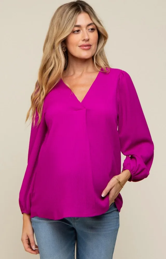 Magenta Textured Long Sleeve Maternity Blouse