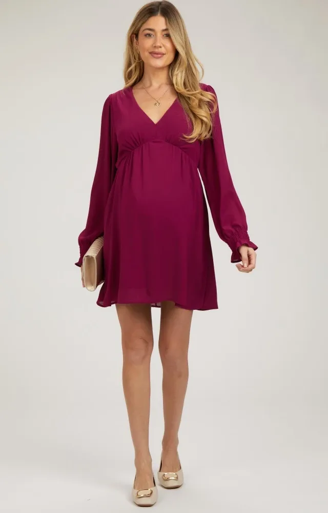 Magenta V-Neck Long Sleeve Maternity Dress