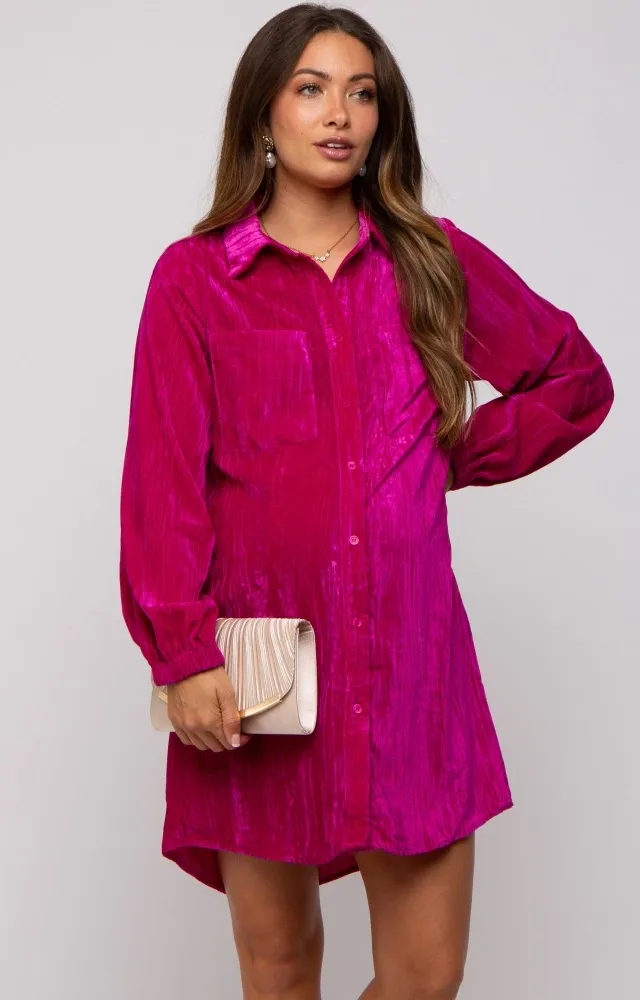 Magenta Velour Button Up Maternity Dress