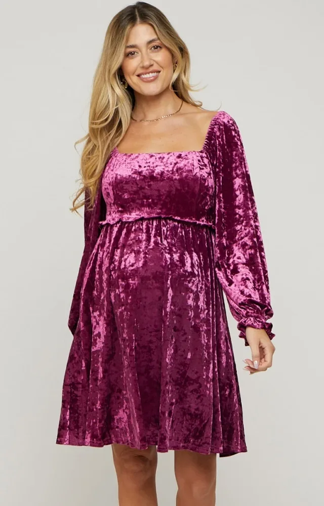 Magenta Velour Square Neck Maternity Dress