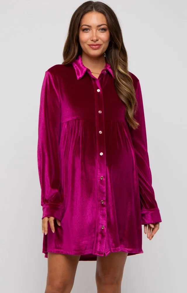 Magenta Velvet Button Down Maternity Dress