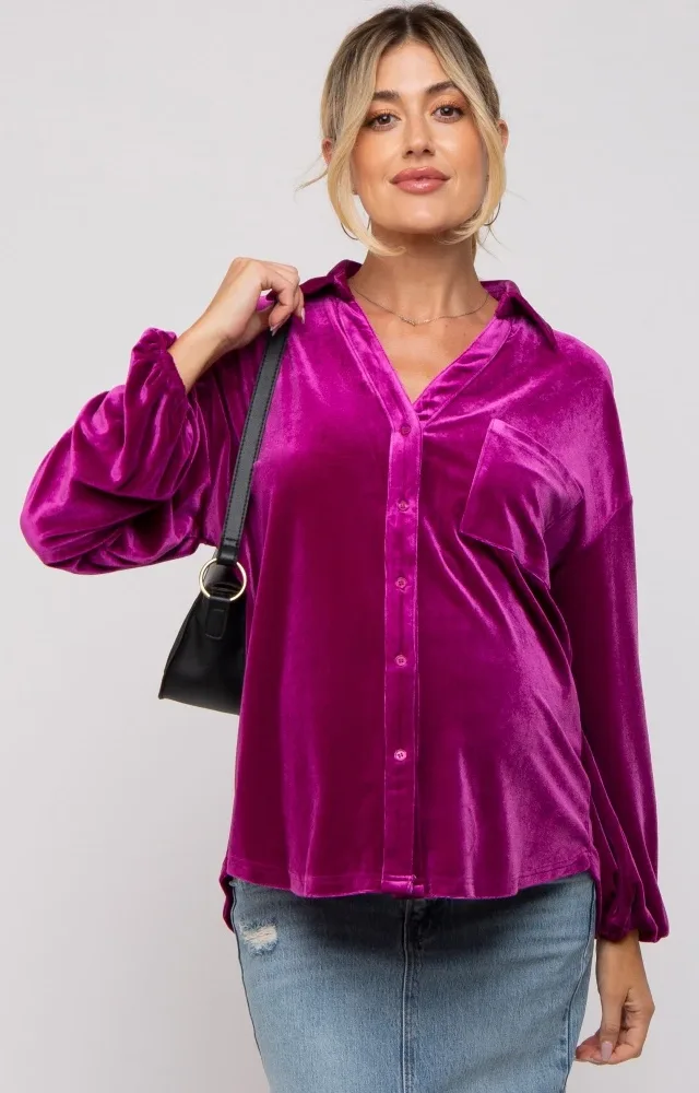 Magenta Velvet Button Front Collared Maternity Blouse