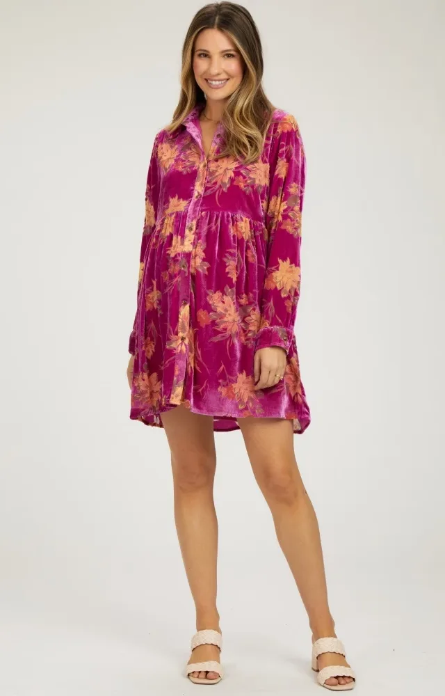 Magenta Velvet Floral Burnout Button Front Long Sleeve Maternity Dress