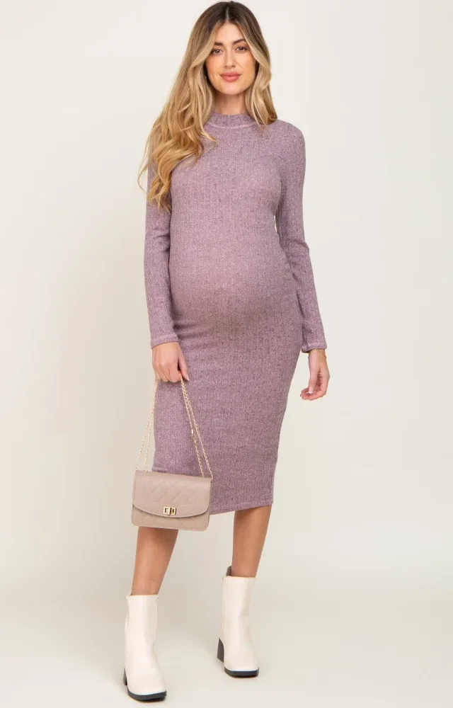 Mauve Brushed Knit Mock Neck Maternity Dress