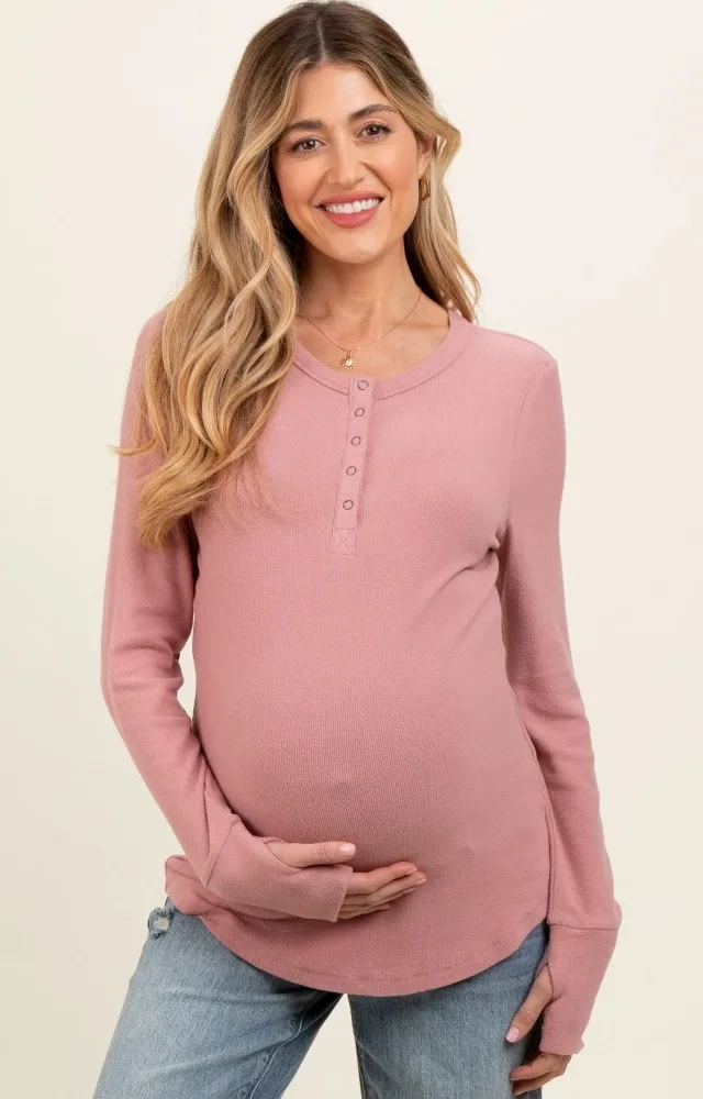 Mauve Button Front Soft Knit Long Sleeve Henley Maternity Top