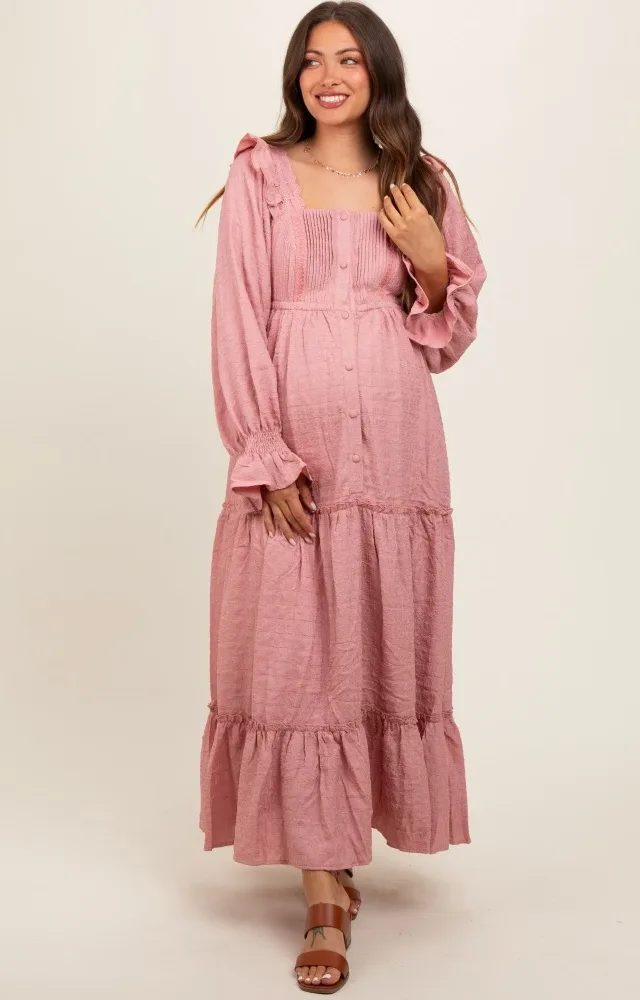 Mauve Button Pleated Front Square Neck Ruffle Tiered Maternity Maxi Dress