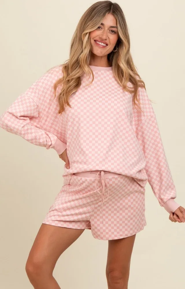 Mauve Checkered Plaid Pullover Shorts Maternity Set