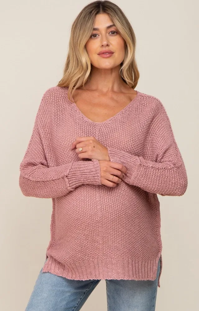 Mauve Chunky Knit Side Slit Maternity Sweater