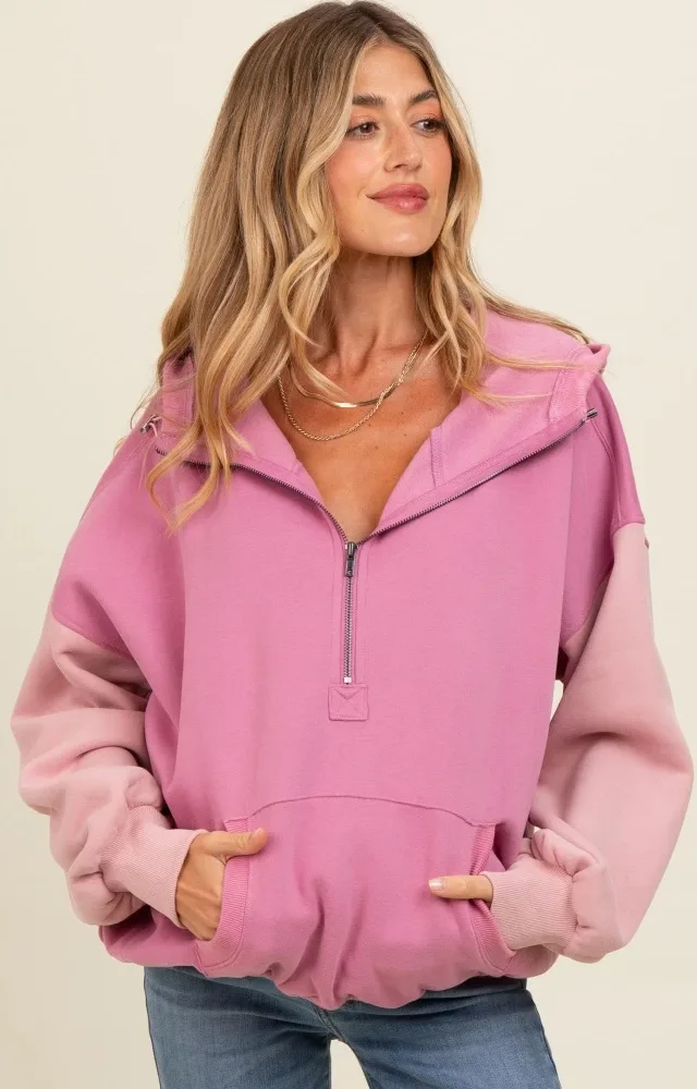 Mauve Colorblock Half Zip Maternity Hoodie