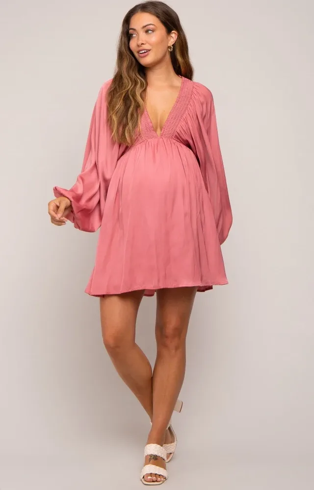 Mauve Deep V-Neck Long Sleeve Maternity Dress