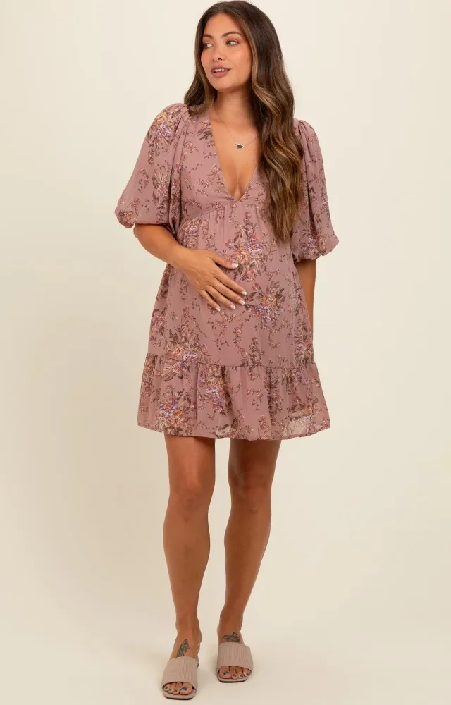 Mauve Deep V-Neck Tie Back Floral Maternity Mini Dress